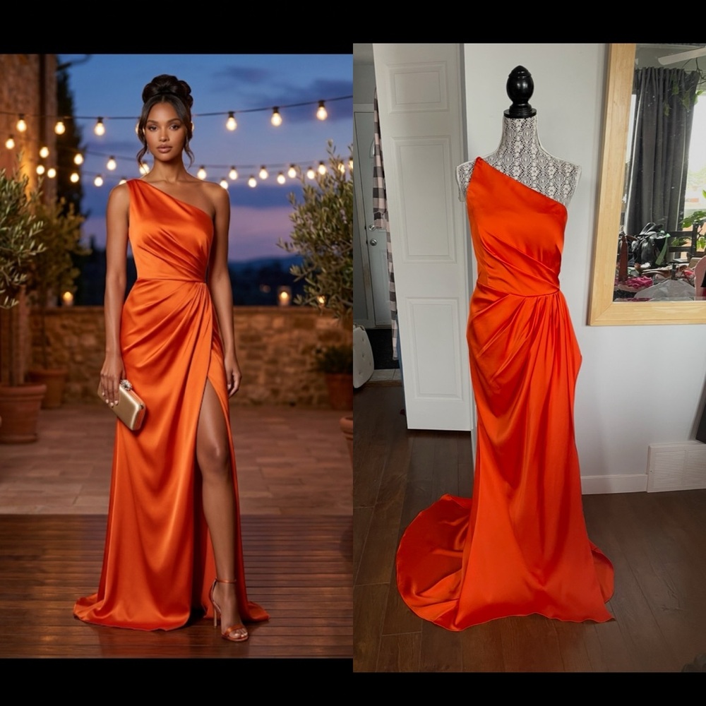 One-Shoulder Orange Satin Wedding Dress with Side Drape